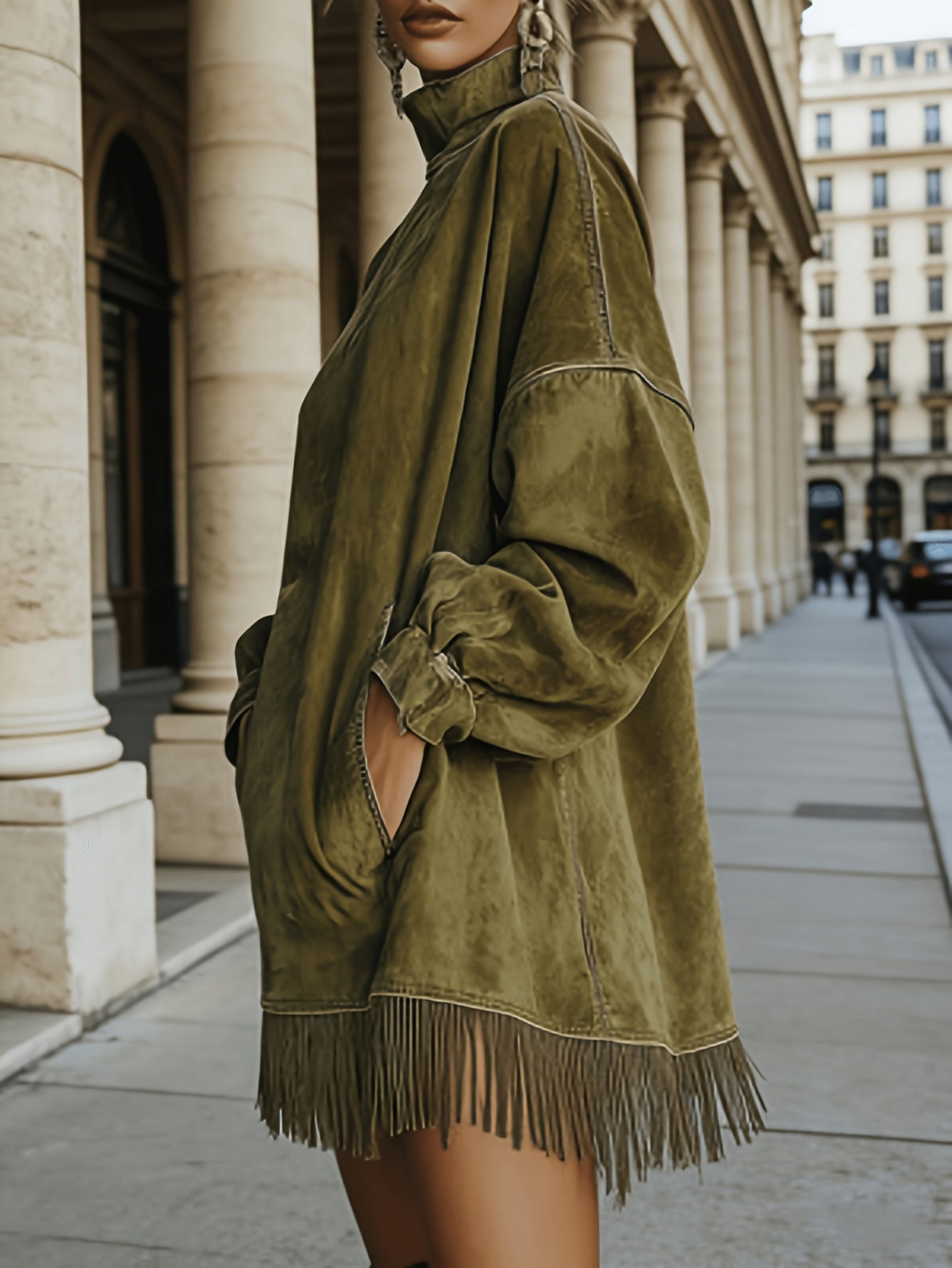 [Lightweight Fringed Skirt] Summer Women's Lightweight Breathable Fringed Mini Skirt, Retro High-Neck Dress, Loose-Padded Long-Sleeved Fringed Skirt