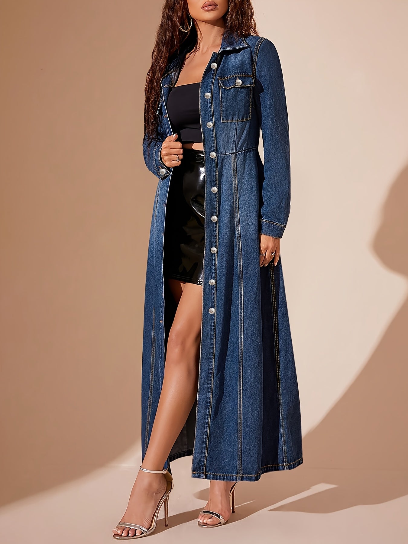 Women'S Vintage Single-Breasted Waist-Cinching Denim Dress, Long-Sleeved Lapel Slim-Fit Denim Coat-Style Maxi Skirt, Versatile Casual Dress for Spring, Autumn And Winter Suitable for Various Occasions