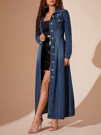 Women'S Vintage Single-Breasted Waist-Cinching Denim Dress, Long-Sleeved Lapel Slim-Fit Denim Coat-Style Maxi Skirt, Versatile Casual Dress for Spring, Autumn And Winter Suitable for Various Occasions