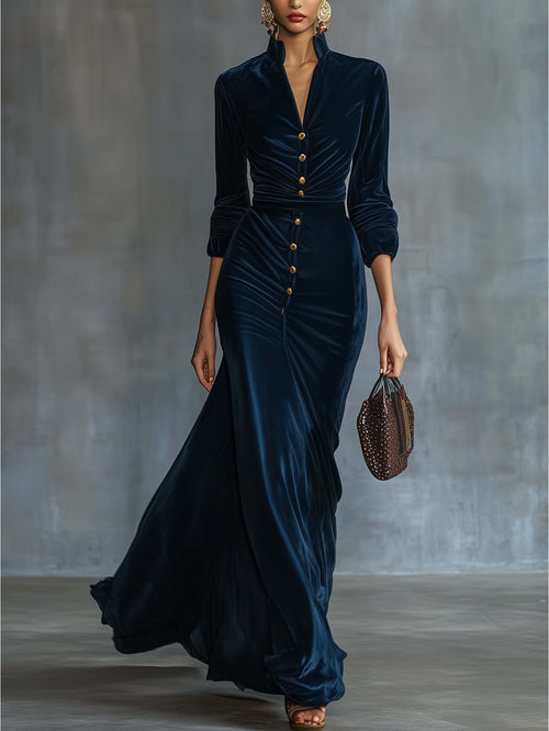 Navy Velvet Stand Collar Waist-Defining Dress for Women | Golden Buttons + Fishtail Hem, Perfect for Evening Parties and Glamorous Social Occasions