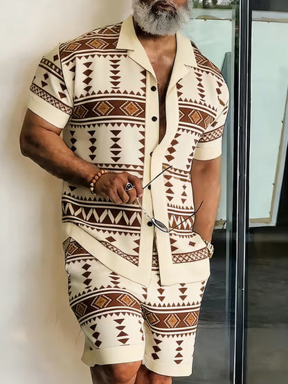 Men's Shirt and Shorts Set - Geometric Print Summer Style