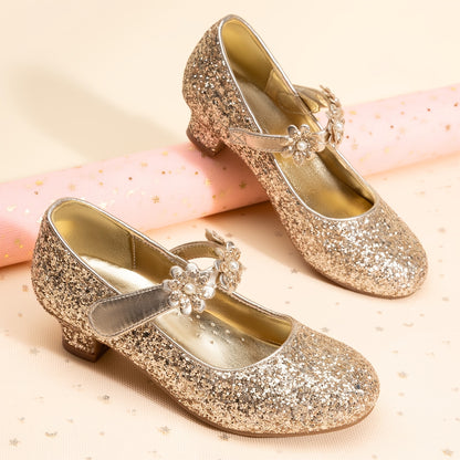 DREAM PAIRS Girls Mary Jane Dress Shoes with Flower & Sole - Low Heel Pumps Suitable for Wedding, Party,, Dance, Princess Outfits - Adjustable Hook-and-Loop Closure, Cushioned Insole, Year-Round Wear for to