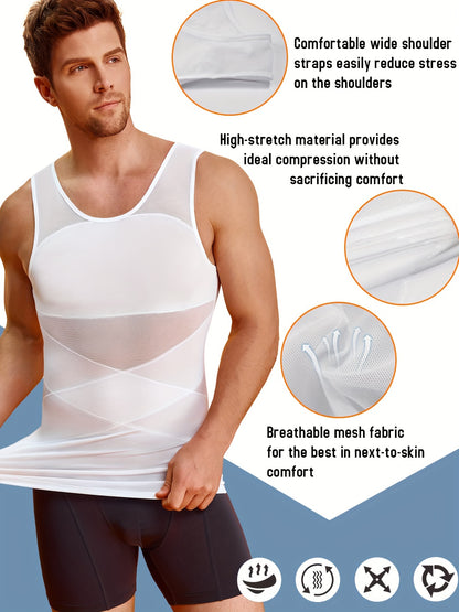 JUNLAN Men'S Compression Shirt | Breathable Double Cross Body Shaper Slimming Vest Tight Tummy Underwear Tank Top | High Stretch Fabric, Crew Neck, Solid Color, Casual Style