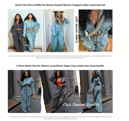 Womens Two Piece Sets Denim Outfit Ruched Long Sleeve Zip Up Cropped Jean Jacket Wide Leg Pants Chic Set