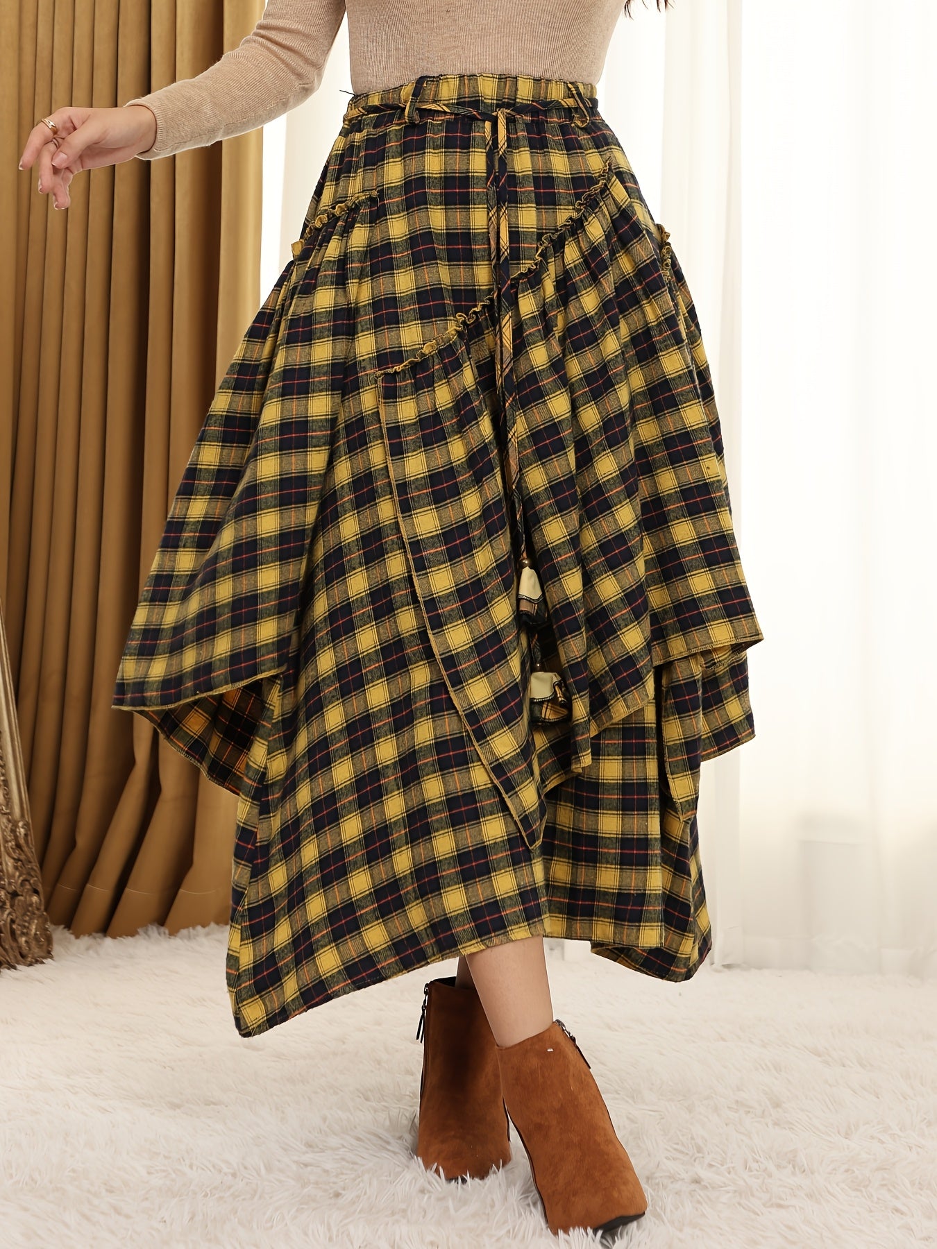 Victorian Gothic Handmade Fringe Plaid Skirt 2025 | Asymmetric Ruffle High-Waist Beach Skirt | Elastic Waist Multi-Layer Vacation Dress | Spring Summer Sweet Style Ladies Gift