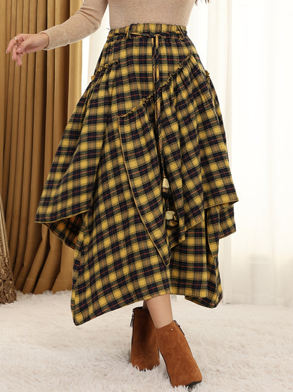 Victorian Gothic Handmade Fringe Plaid Skirt 2025 | Asymmetric Ruffle High-Waist Beach Skirt | Elastic Waist Multi-Layer Vacation Dress | Spring Summer Sweet Style Ladies Gift