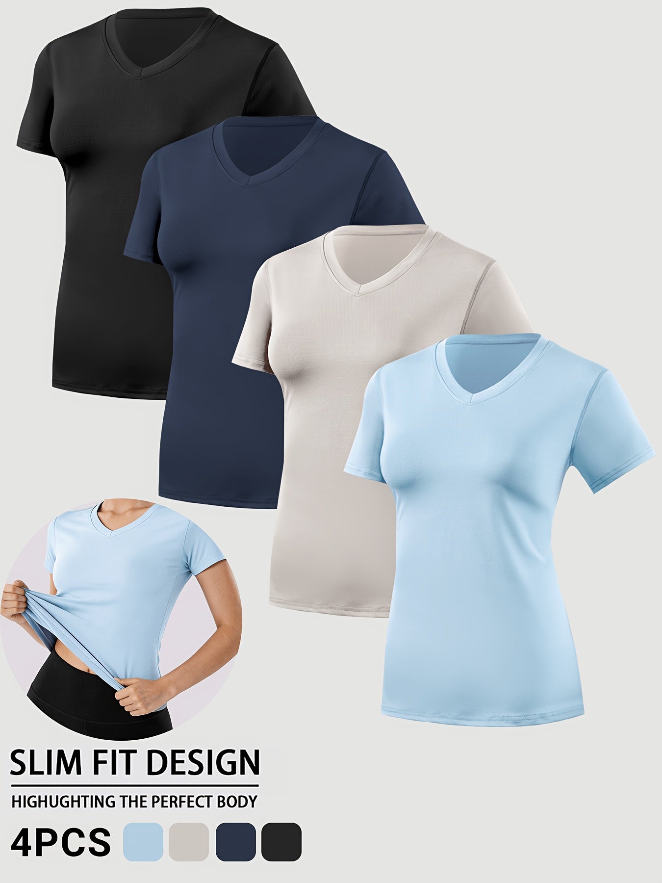 4pcs Women's Barely There Sports T-Shirts V-Neck, Pullover Short Sleeve Tops, Stretchy, Quick-Dry, Breathable, Soft for Workout, Fitness, Running, Yoga, Pilates