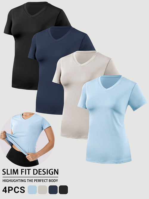 4pcs Women's Barely There Sports T-Shirts V-Neck, Pullover Short Sleeve Tops, Stretchy, Quick-Dry, Breathable, Soft for Workout, Fitness, Running, Yoga, Pilates