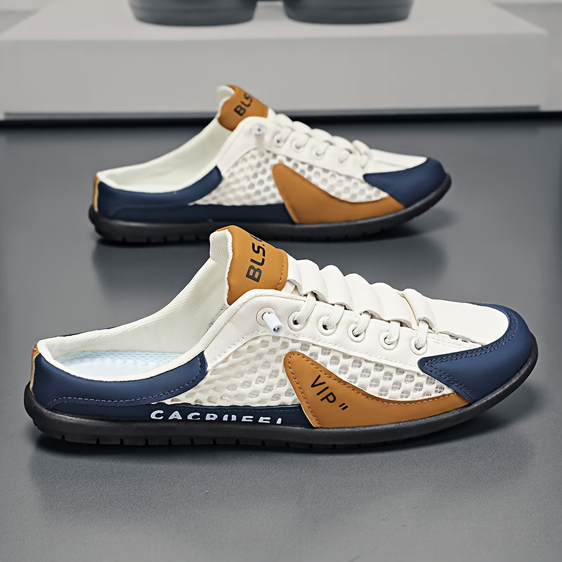Men's Slip-On Sneakers - Anti-Slip Cushioned insole, Slip-Resistant PVC Sole - Slip-On Shoes for Gym, Beach, Casual - Navy/White/Beige - Lightweight Outdoor Shoes for Hiking, Running, Casual Attire, Sporty Roundtoe, Fabric Upper Breathability