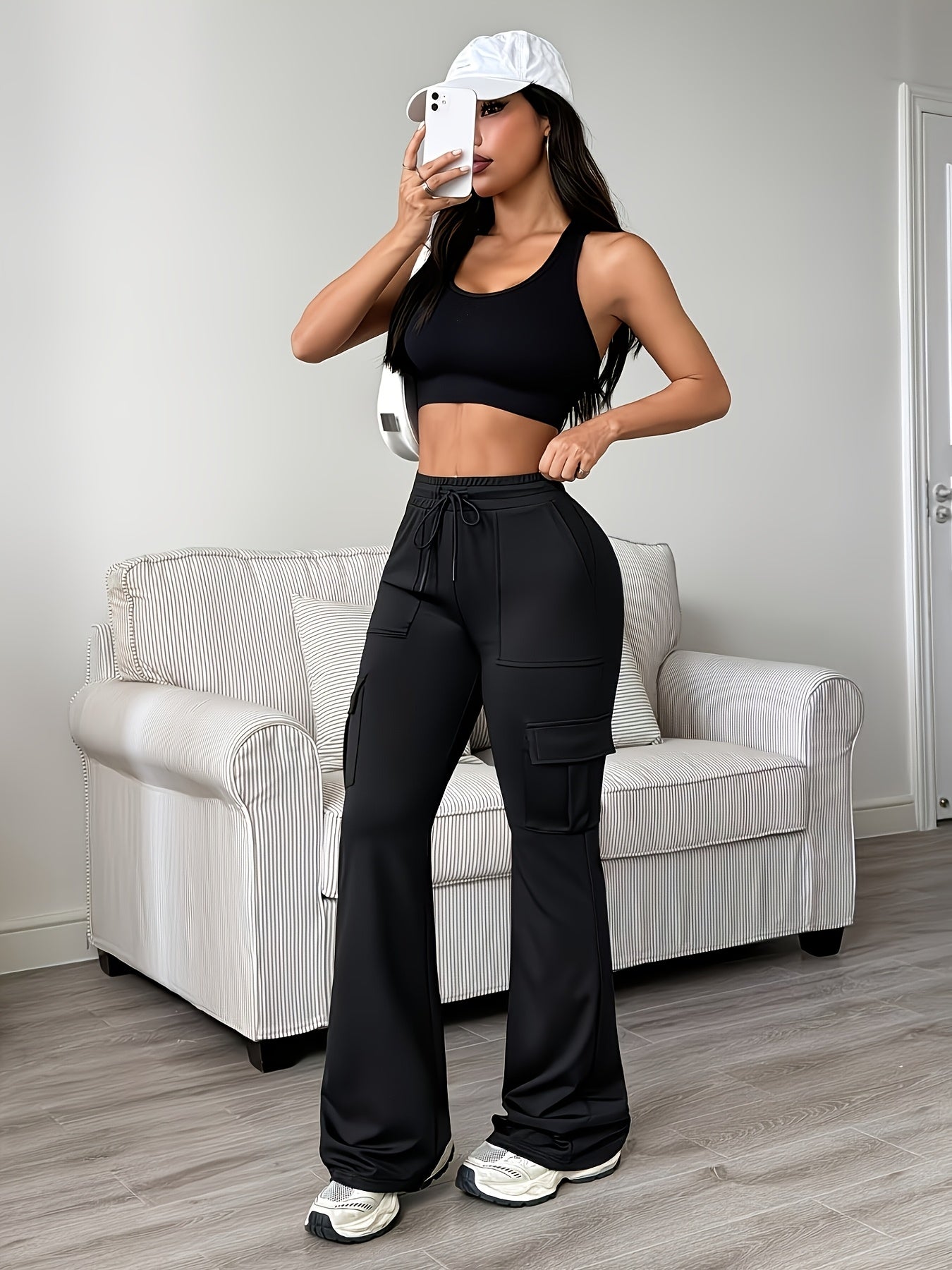 Women'S Functional Flare Cargo Pants, High Waist Elastic Drawstring Bootcut Leggings With Multi-Pockets, Stretchy All-Purpose & Casual Pants