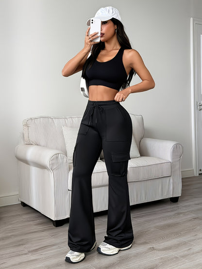 Women'S Functional Flare Cargo Pants, High Waist Elastic Drawstring Bootcut Leggings With Multi-Pockets, Stretchy All-Purpose & Casual Pants