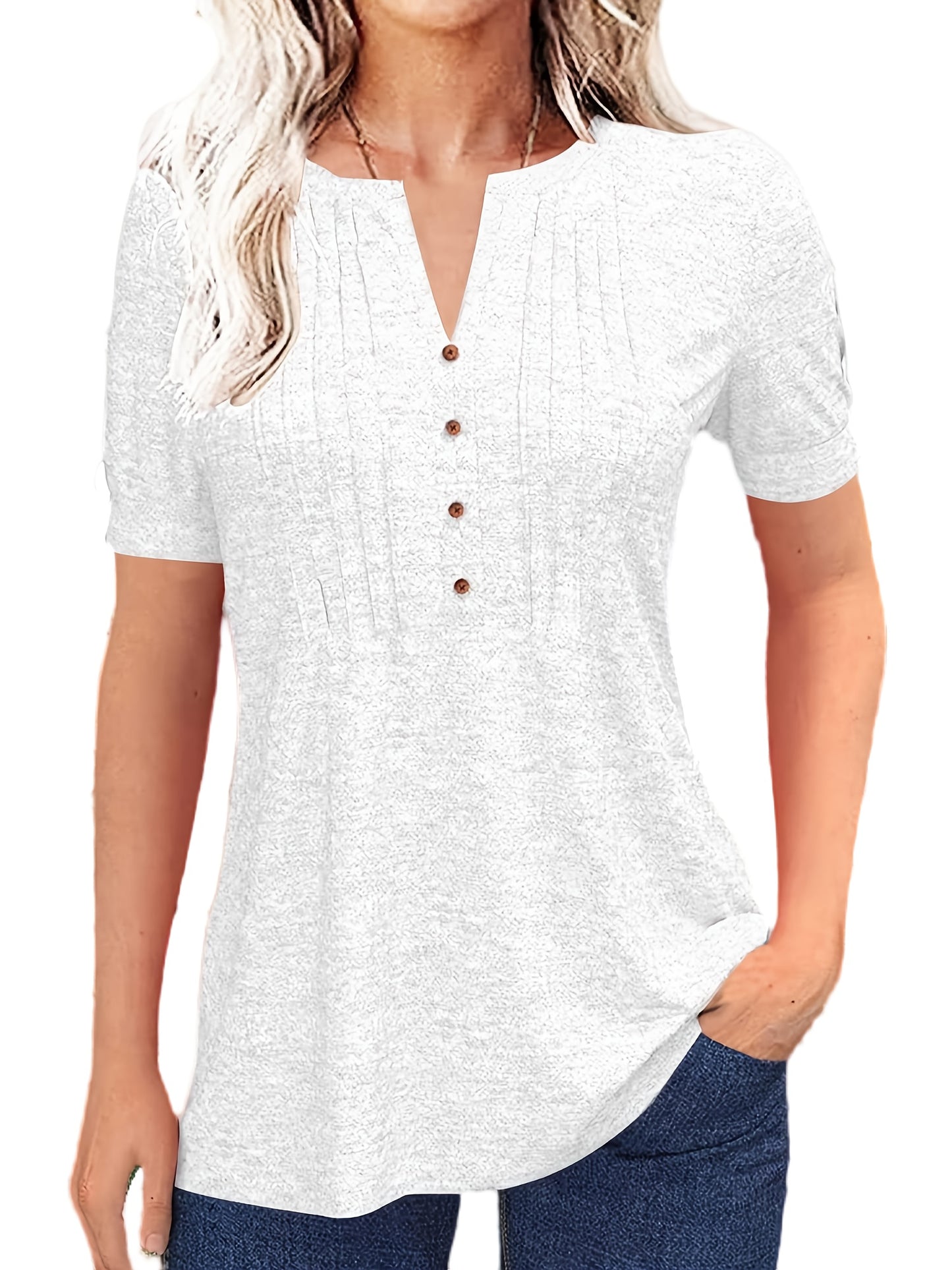 Casual Short-Sleeve T-Shirt for Women, Featuring a Pleated Design And V-Neck in Solid Colors, Perfect for Summer
