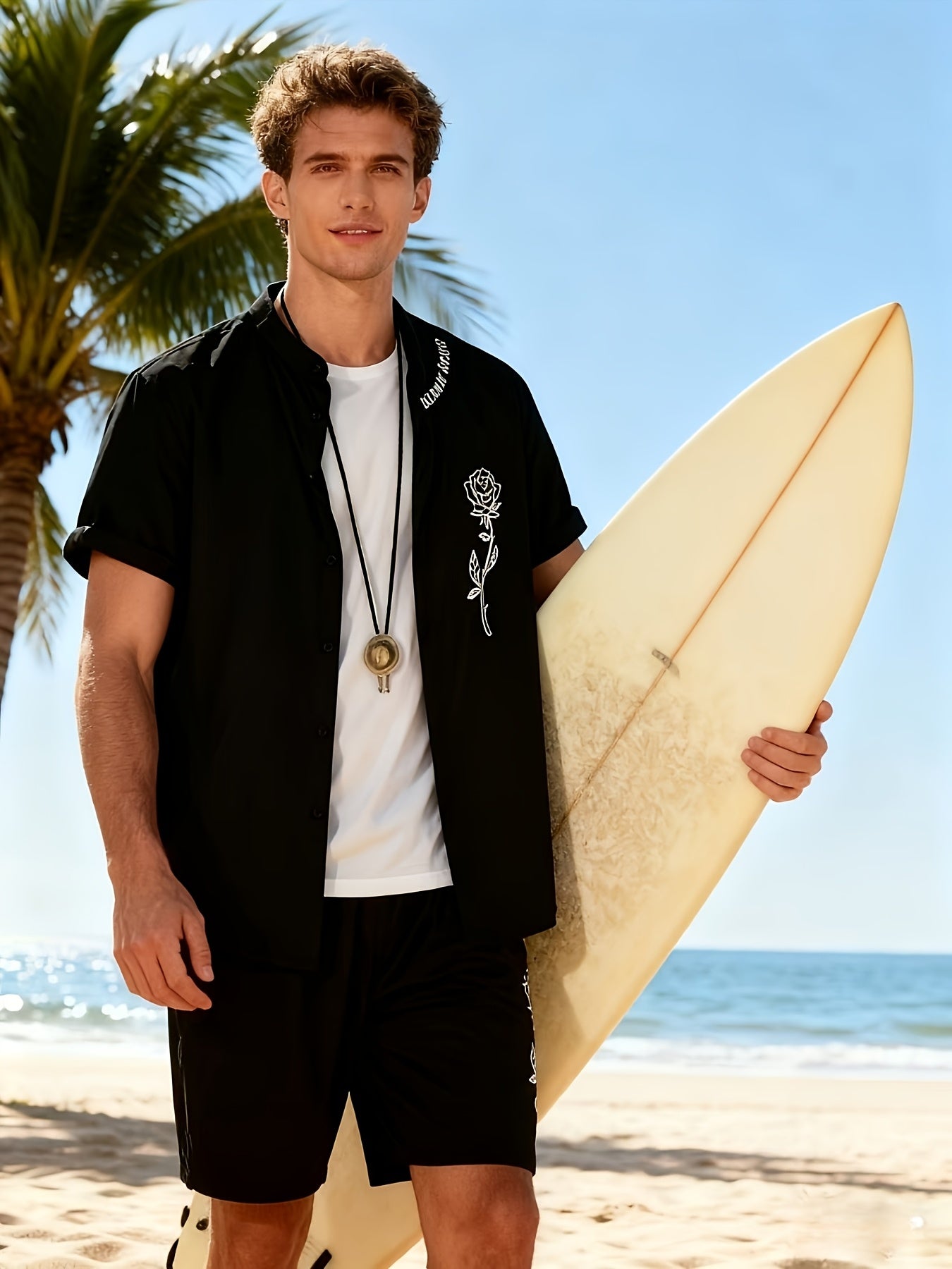 2pcs Printed Men's Summer Short Sleeve Button Shirt and Shorts Set
