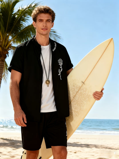 2pcs Printed Men's Summer Short Sleeve Button Shirt and Shorts Set