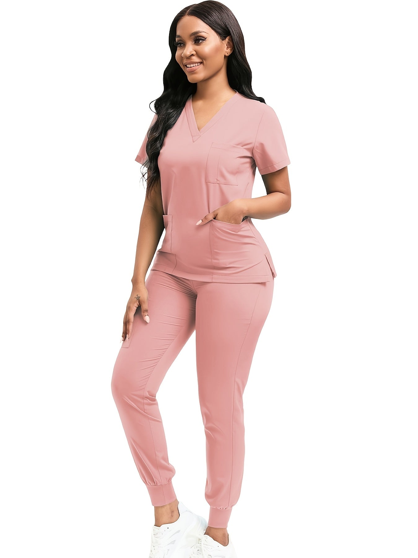 [Scrub Suit Set] Scrub Suit Set For Women Modern V-Neck Top T-Shirt & Tapered Leg Jogger Pants With Drawstring 2pcs Set Nursing Uniforms Set Suitable For Pet Hospitals, Dental Clinics, Nursing Work, Etc