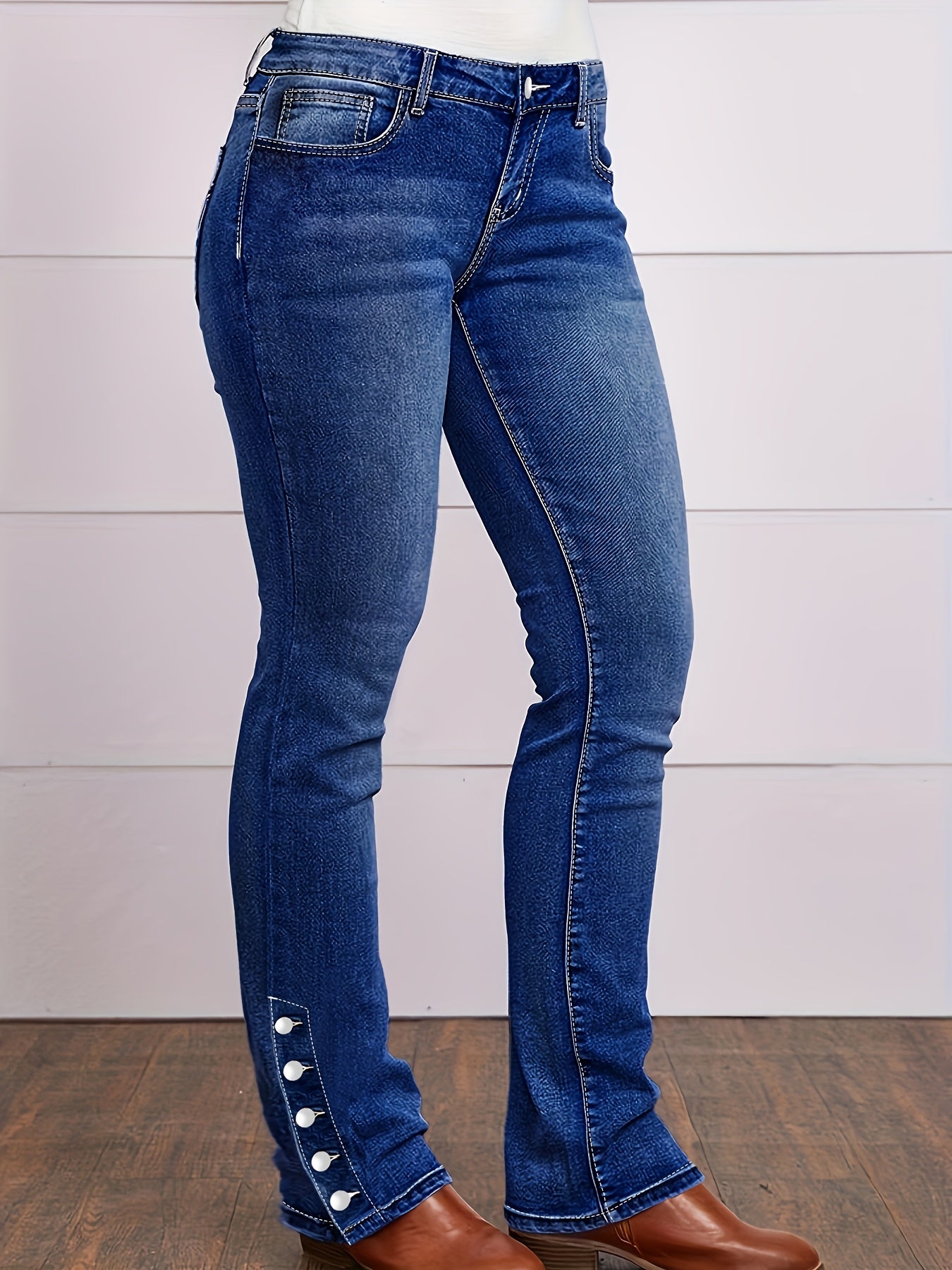 Women's Plus Size High-Waisted Stretch Denim Pants - Beltless Button-Fly Waist & Flared Hem, Elastic Solid Blue Trousers Suitable for Casual Travel,, Casual Attire, Machine Washable Mature Style All-Year (No Required)