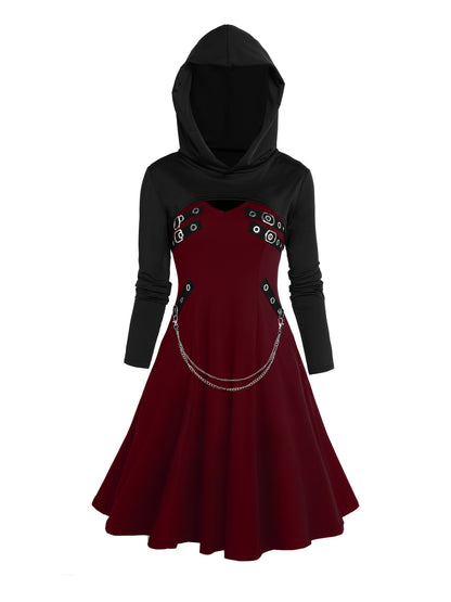 Rock Gothic Metal Piece Decorated V-Neck Vest Dress with Hooded Long Sleeve Top Two-Piece Set, Unique Gothic Style Detachable Chain Vest Skirt and Curved Hem Caped Long Sleeve Shirt, Versatile Separates Women's Outfit for Party and Casual Wear