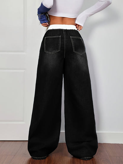 Women's Plus Size Blue Denim Pants - Whisker Details, Panel, Elastic Waist with Drawstring, Wide-Leg | High-Waisted, Slim-Fitting & Figure-Flattering | Retro Street & Casual Sporty Style | Versatile for All Seasons