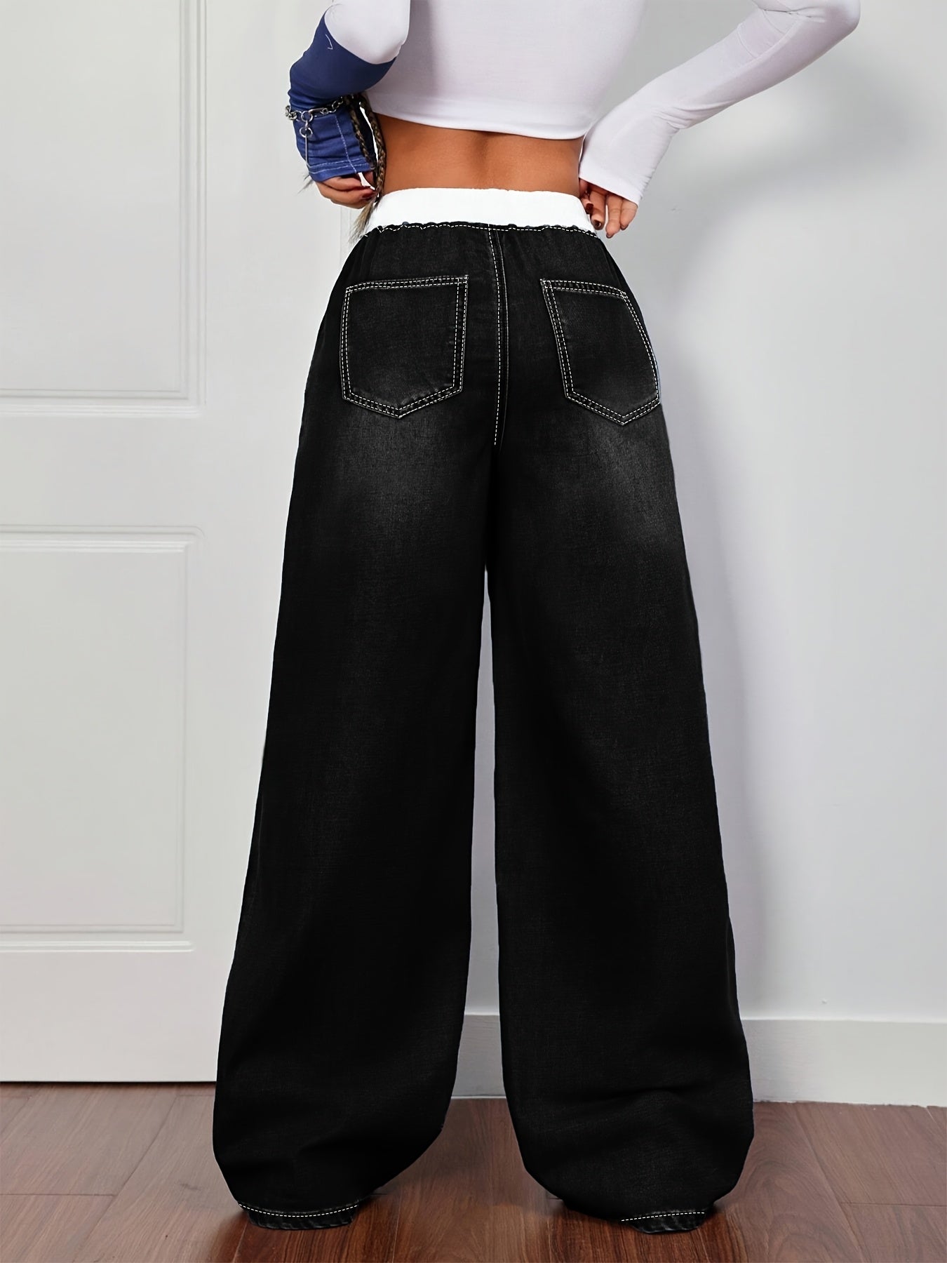 Women's Plus Size Blue Denim Pants - Whisker Details, Panel, Elastic Waist with Drawstring, Wide-Leg | High-Waisted, Slim-Fitting & Figure-Flattering | Retro Street & Casual Sporty Style | Versatile for All Seasons