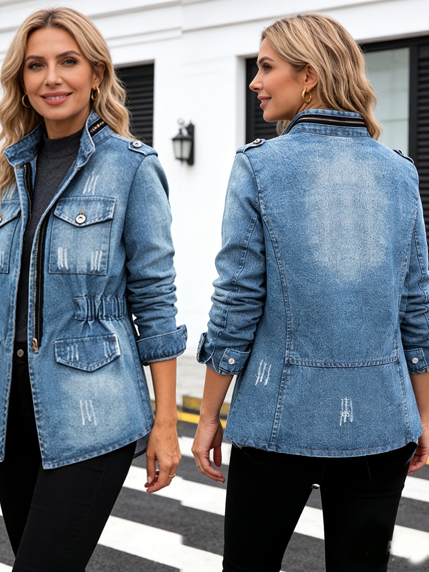 [Denim Jacket Women] Denim Jacket for Women with a Short Round Neck And Three-Quarter Sleeves, Perfect for Casual Daily Outfits, Shopping, And Spring to Autumn Wear, Available in Sizes S to XXL