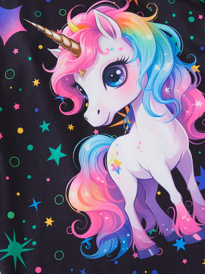 Girls Spring, Autumn And Summer 2pcs Set Luminous Ink Splash Cute Unicorn Pattern Round Neck Pullover T-shirt Short-sleeved Top + Fluorescent Starry Sky Print Elastic Waistband Cuff Pants Trousers Set, Glows Only When Exposed to Ultraviolet Light, Perfect