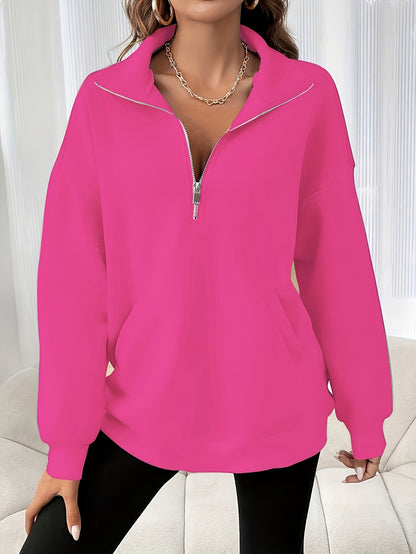Casual Women's Drop Shoulder Sweatshirt with Half - Zip, Solid Color Sport Pullover