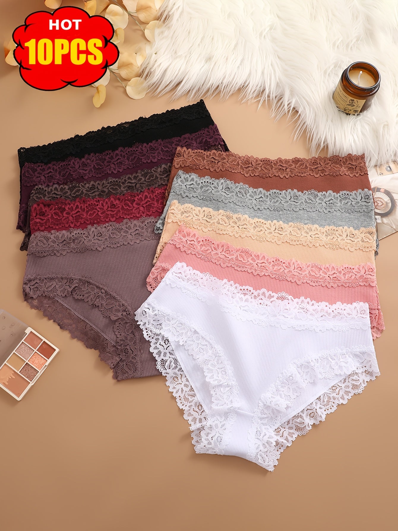 10pcs Lace Lace Solid Color Underwear, Fashionable, Elegant, Comfortable, Breathable And Skin Friendly Underwear, Suitable for Daily Commuting, Women'S Underwear And Underwear