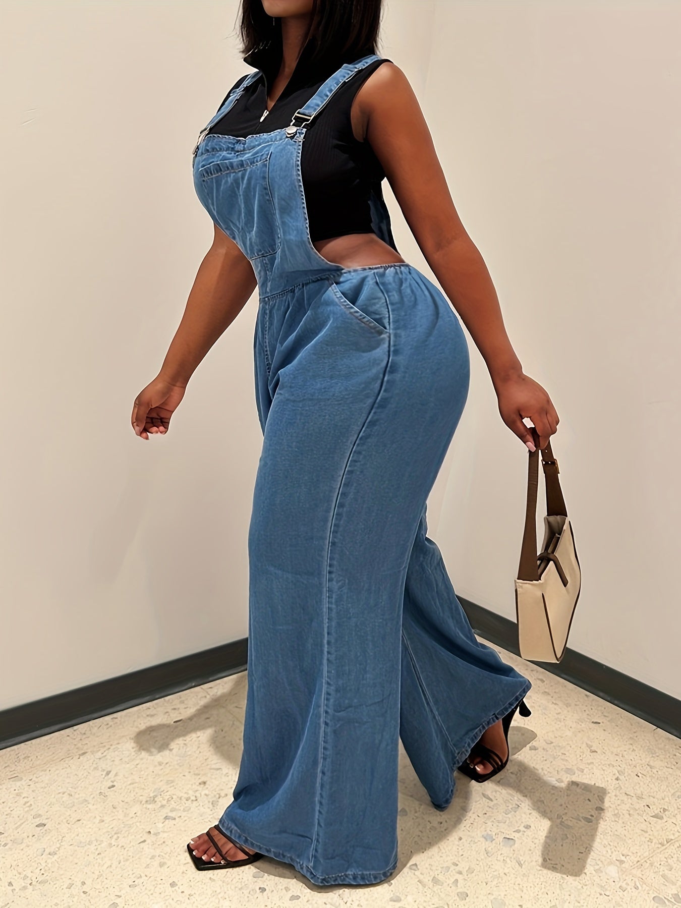 Women's Denim Overalls - Loose-Fit Sleeveless Casual Style With Side Pockets, Wide-Leg Jumpsuit Dungarees