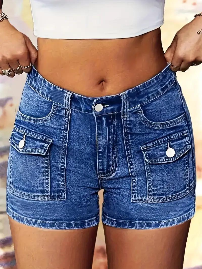 Women'S Stretch Denim Shorts, Elegant And Sexy Cargo Style Shorts, Classic Blue High-Waisted Stretchy Slim Fit That Makes Legs Look Longer, Multiple Pockets, Perfect for Spring And Summer