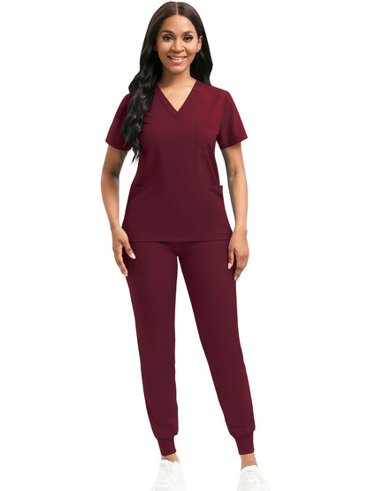 [Scrub Suit Set] Scrub Suit Set For Women Modern V-Neck Top T-Shirt & Tapered Leg Jogger Pants With Drawstring 2pcs Set Nursing Uniforms Set Suitable For Pet Hospitals, Dental Clinics, Nursing Work, Etc