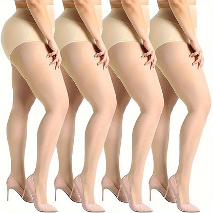4 Pairs Plus Size High-Waisted Tights for Women, Polyamide Knit Fabric, Solid Color, Breathable & Stretchy, with Hand Washable, Tights Stockings