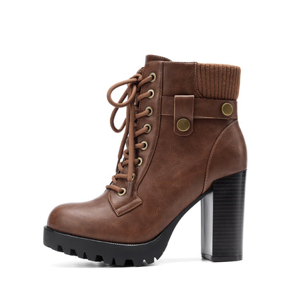 Women Short Boots Fall Winter Boots Women's Lace up Combat Ankle Boots High Chunky Heel Fashion Heeled Booties Shoes Black Boots