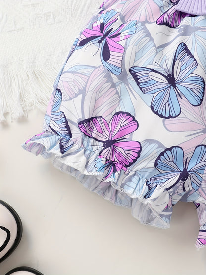 A Charming Two-Piece Outfit Featuring Delightful Details for Young Girls, Including a Ruffled Top with Butterfly Bows And Butterfly-Patterned Shorts, Perfect for Summer Outings And Festive Occasions, for Outdoor