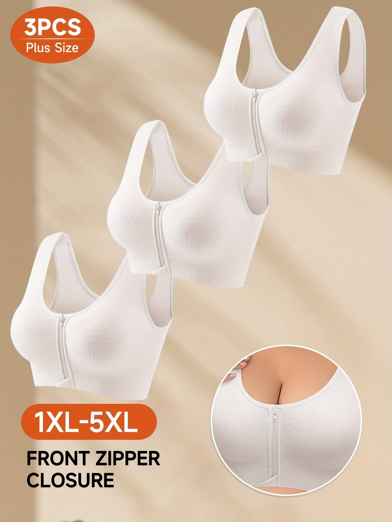 Set of 3 Women'S Plus-Size Bras Featuring a Front Zipper Closure - Designed for High Support, Non-Slip Fit, And Removable Padding. Available in White, These Bras Offer a Comfortable Fit And Sleek Design Suitable for Both Everyday And Formal Occasion