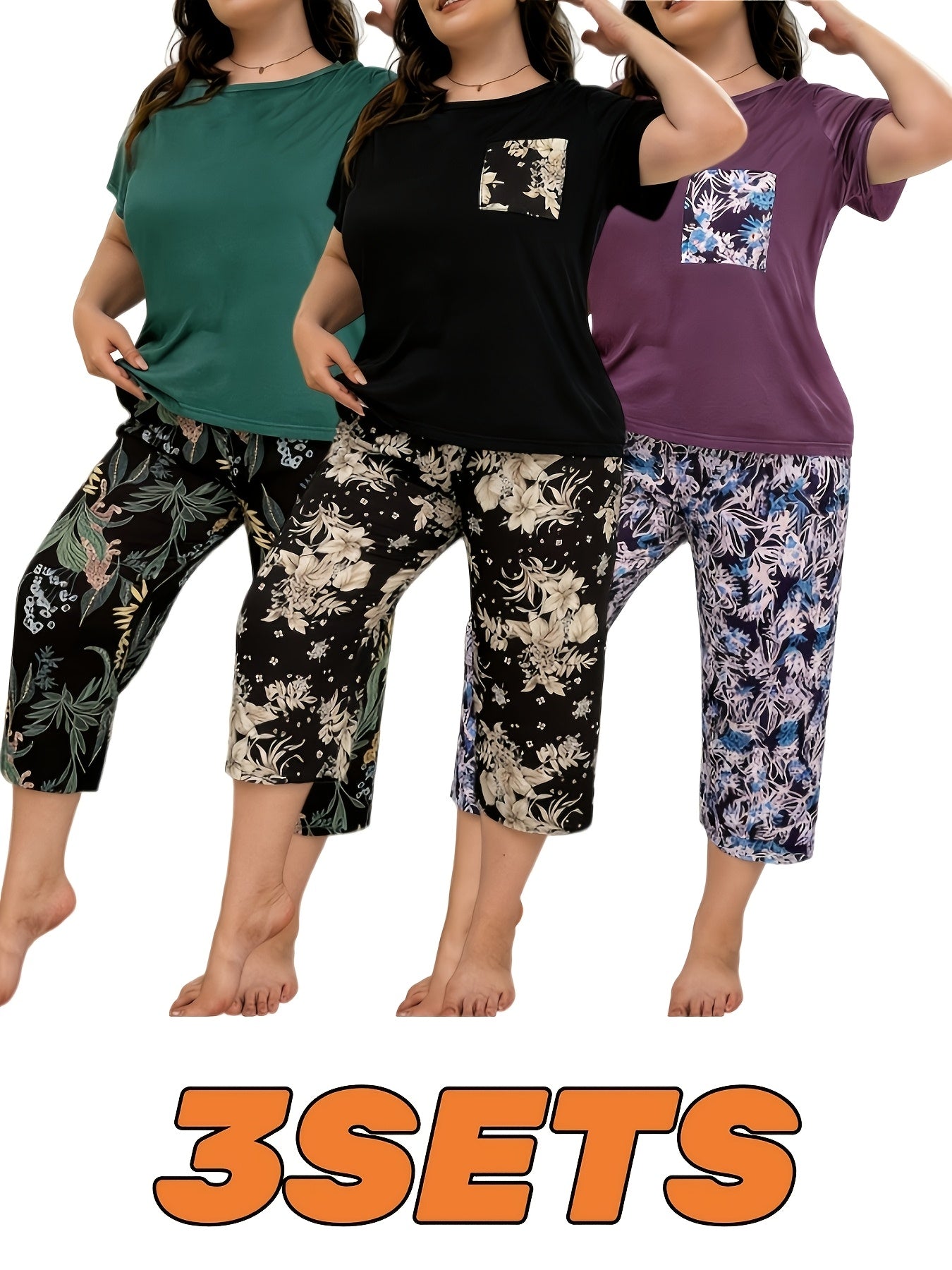 6pcs Women's Print Pajama Set: Short Sleeve Top & Elastic Waist Capri Pants - Soft Polyester Loungewear, Machine Washable Comfortable Home Wear, 3 Sets Of Pajamas