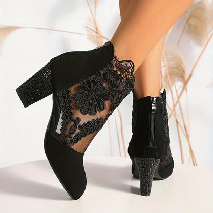 Sexy Black Lace Ankle Booties For Women Elegant Floral Mesh Dress Boots Chunky Block Heel 2.83in Back Zipper Breathable Cut Out Party Dance Wedding Evening Footwear Stylish Fashion Comfort Mid Heel Round Toe Shoes