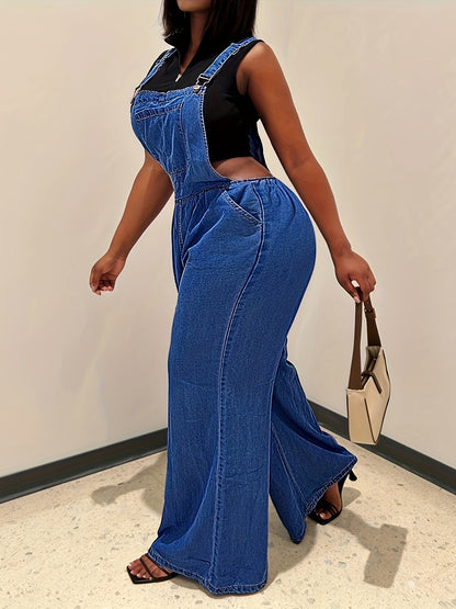 Women's Denim Overalls - Loose-Fit Sleeveless Casual Style With Side Pockets, Wide-Leg Jumpsuit Dungarees