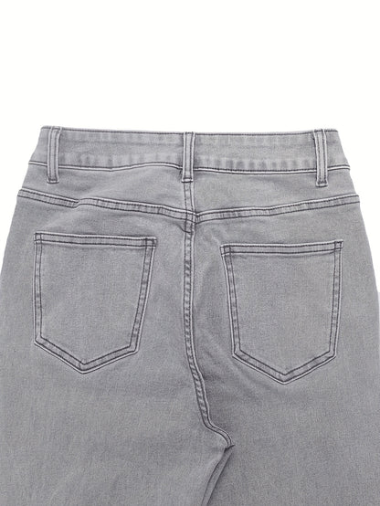 GILIPUR MH1025 Light Blue Retro High-Waist Stretch Straight Leg Women's Pants, Street Style Solid Color Long Pants with Pockets, All-Season Comfortable Stretch Fabric, Machine Washable