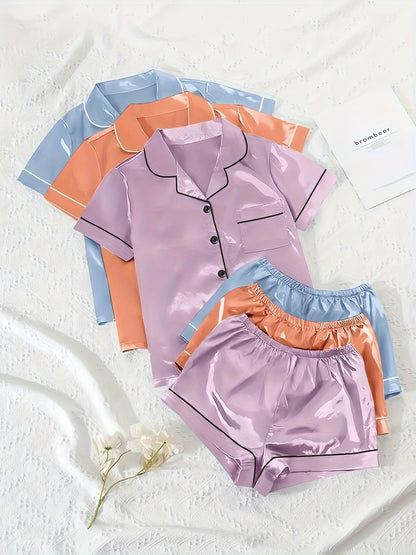 Black + Champagne + Pink Satin Short-Sleeve Shorts - product view 43