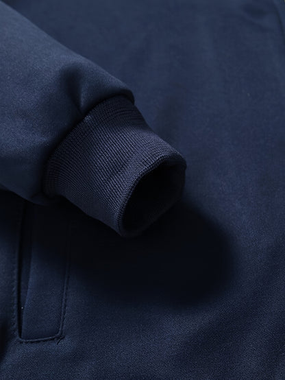 Men'S Navy Blue Tracksuit Set for Spring And Autumn - Zip-Up Jacket with 'SPORT' Print And Joggers, Made of 100%, Non-Stretch Material, Featuring Pockets