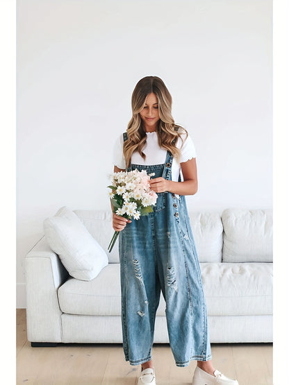 Casual Denim Overalls for Women Featuring a Loose Fit, Adjustable Straps, Distressed Design, And Pockets