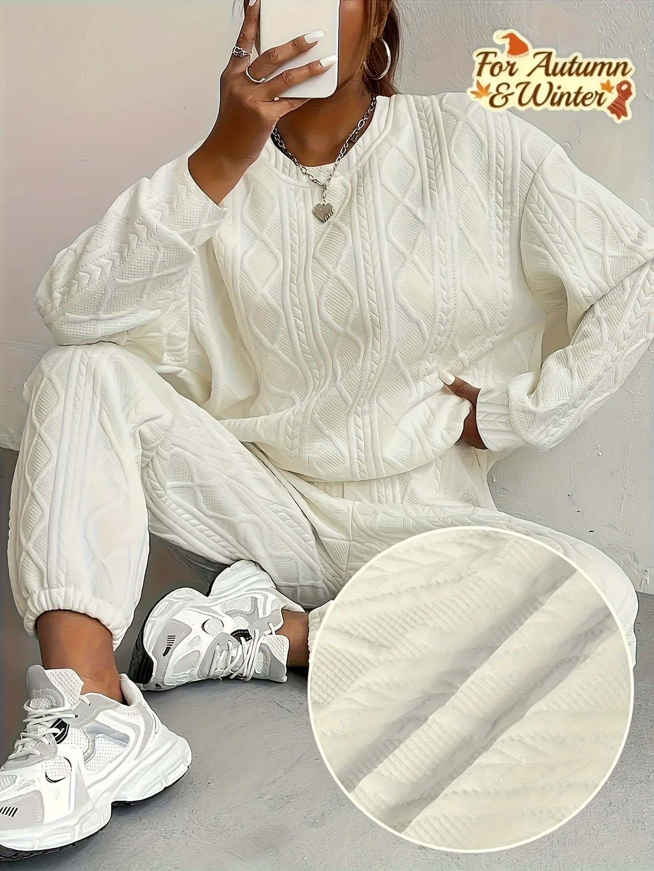 Women'S Sweatshirt Ensemble for Autumn/Winter 2025 - Featuring a Solid Color, Cable Patchwork, Long Sleeve Crew Neck Top And Cuffed Pants in a Two-Piece Outfit, Including a Pullover And Sweater, Perfect for Christmas And Fall