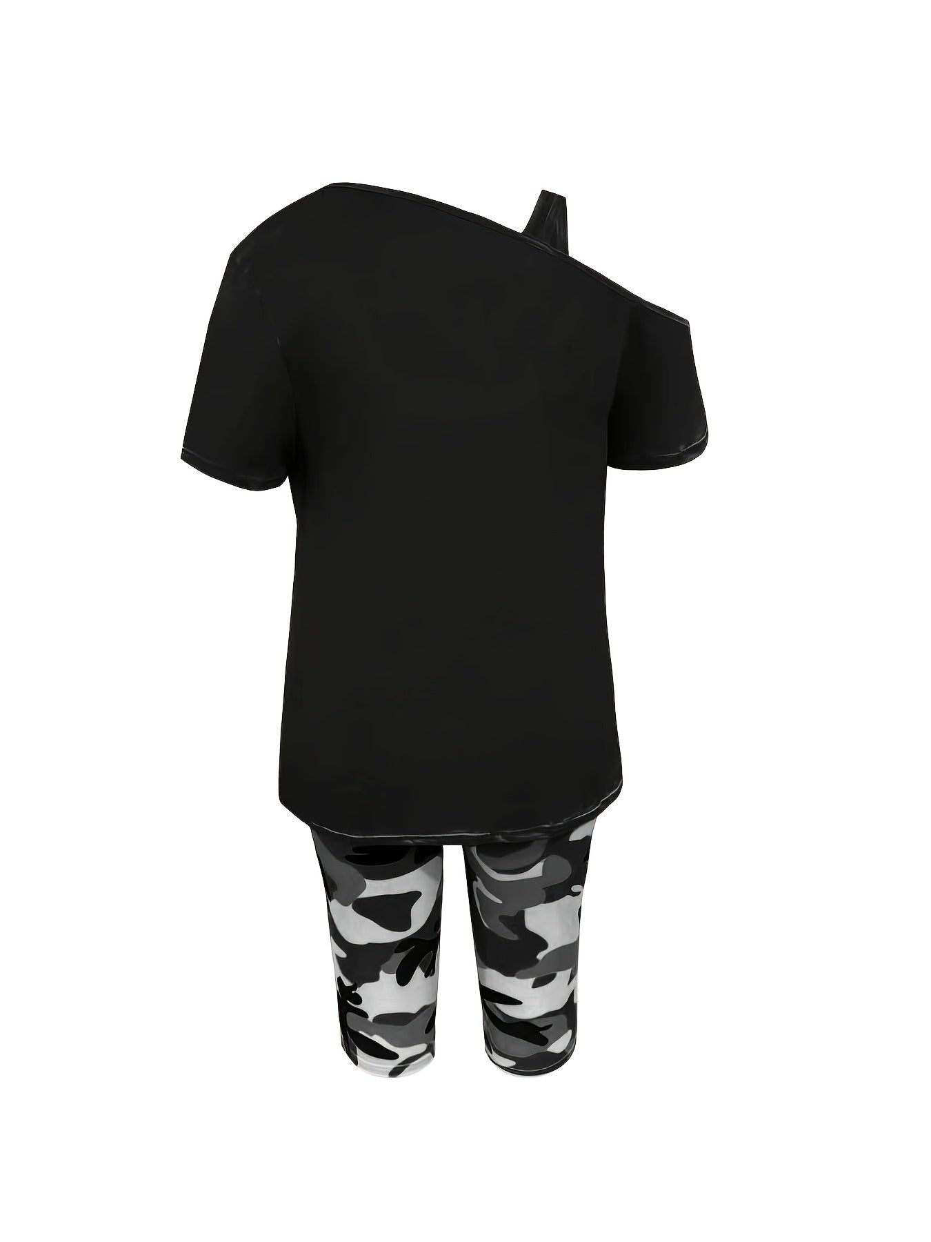 Plus Size - Ladies Plus Size Daily Casual One-Shoulder Short Sleeve Two-Piece Outfit, Diagonal Shoulder Design, Slim Fit Camouflage Pants Suit With Letter Print.