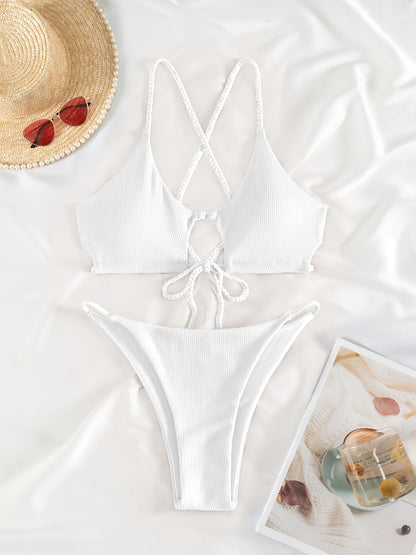 Sexy 2pcs Solid Color Bikini Set - Women'S Swimwear & Clothing - High Cut, Spaghetti Straps, Comfortable, Summer Must-Have, Beach Essentials