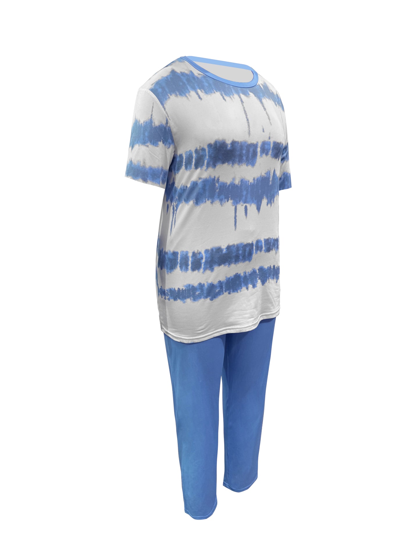 Plus Size, Ladies Plus Size Daily Fashion And Leisure Suit, Horizontal Wavy Striped Printed T-shirt with Short Sleeves And Pocket Trousers, Ladies Elegant Suit.