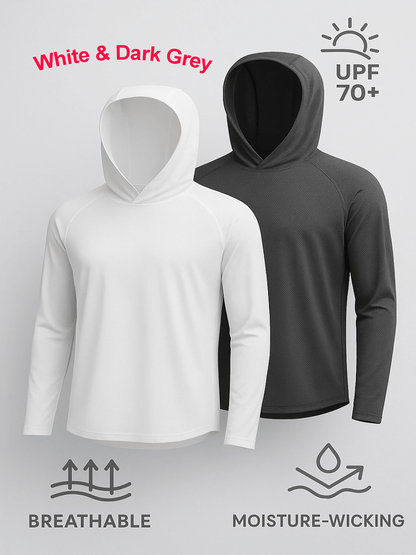 2 PACK Quick-Dry Long Sleeve with Hood Shirt – SPF 70+ Sun Protection, Lightweight & Breathable, Moisture-Wicking Outdoor Performance Top for Hiking, Fishing, Running, Beach