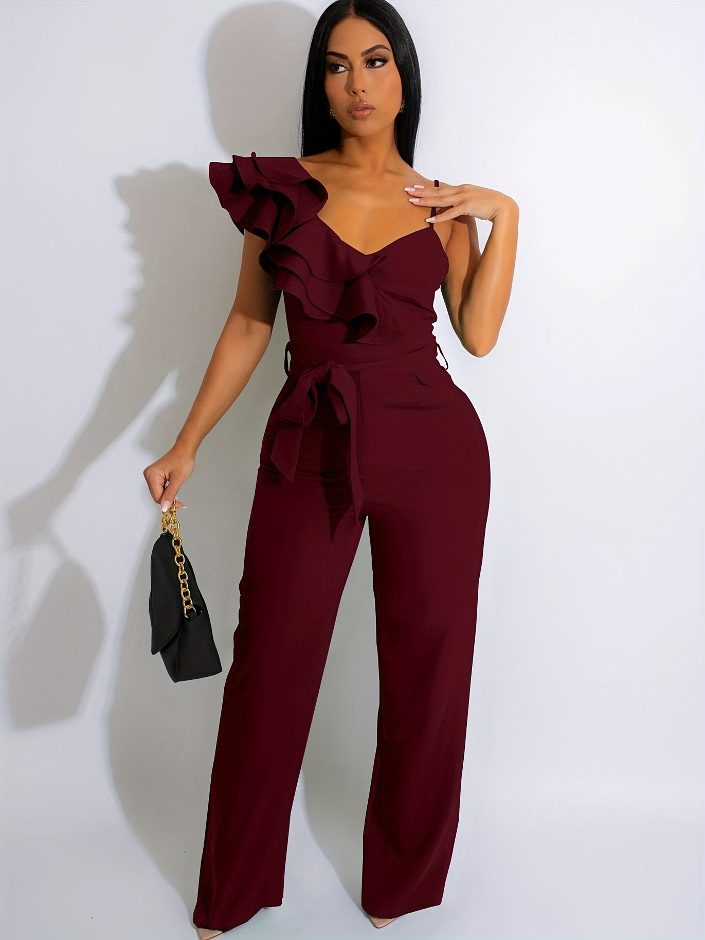 Womens Casual 1pc Jumpsuits V-Neck Sleeveless Ruffle Elegant Romper Wide Leg Pant Sexy Party Clubwear Overalls
