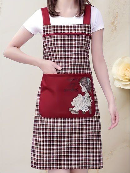 Stylish Unisex Plaid & Floral Portrait Print Apron - Red & Black Mix, Machine Washable with Front Pockets, Sleeveless Design for Kitchen, Home, or Flower Shop Use, Cute Apron, Kitchen Wear, Elegant Kitchenwear, Practical Kitchen Item
