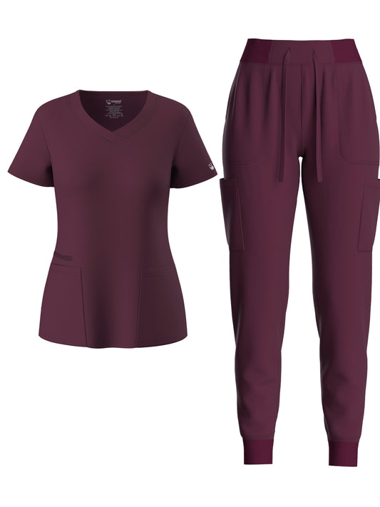 Women's Solid Two-piece Set - Elegant Short Sleeve V Neck Scrub Top & Drawstring Pants Outfits, Clothing