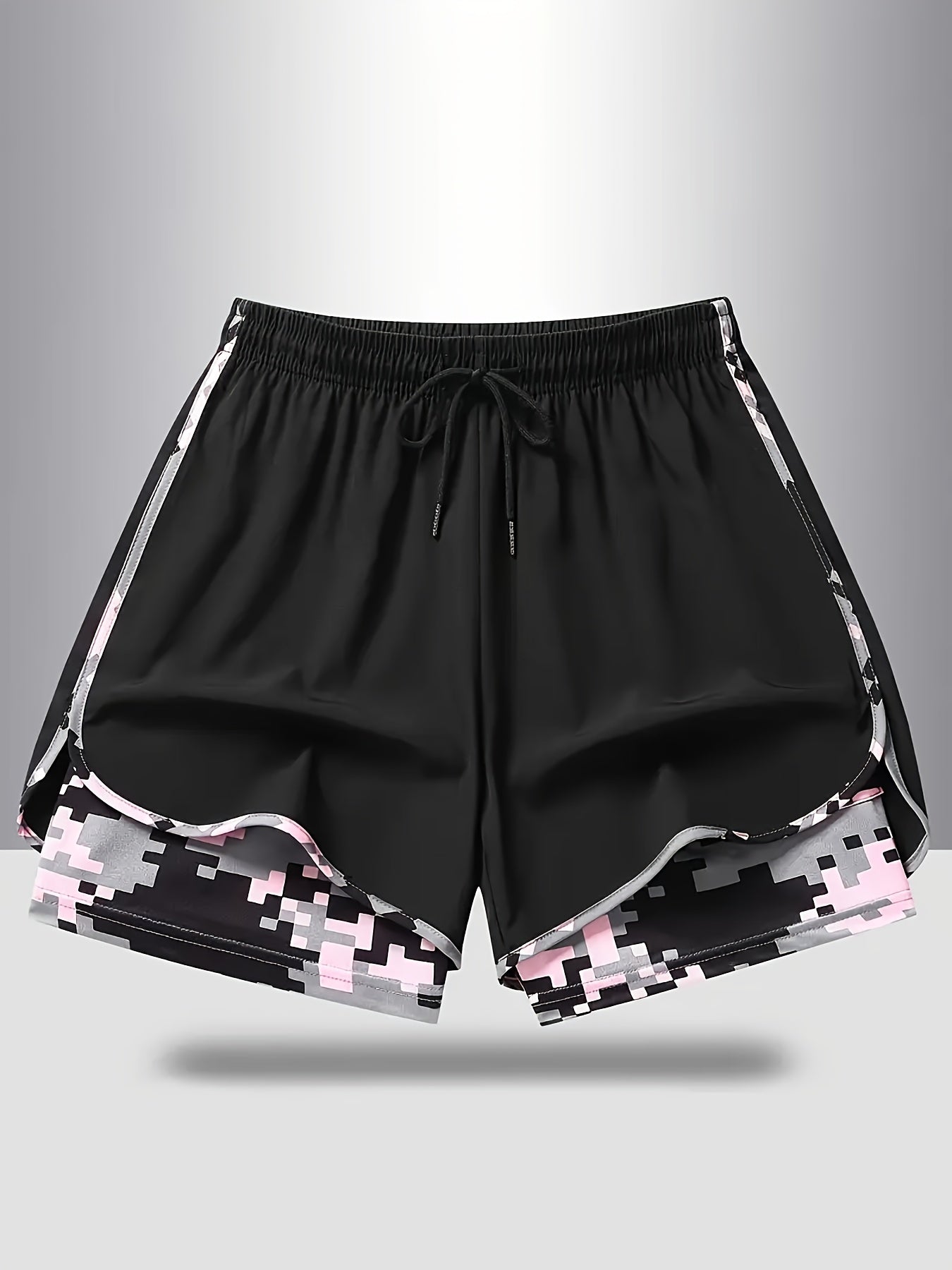Plus Size - 3pcs - Plus Size Women'S Shorts, Double-layer Fake Two Piece Camouflage Pattern, Breathable Quick Drying Pants, Women'S Shorts With Adjustable Drawstring Waist - Lightweight Fitness, Side Design, Non See Through Casual Wear